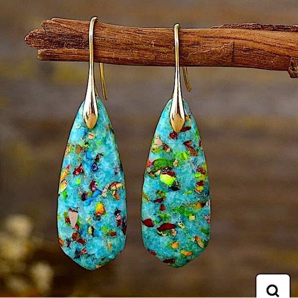 Blue Imperial Jasper Stone Earrings Blue Gold - Picture 3 of 3